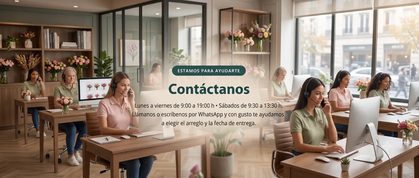 Estamos para ayudarte. Contáctanos: lunes a viernes de 9:00 a 19:00 h y sábados de 9:30 a 13:30 h. Llámanos o escríbenos por WhatsApp y con gusto te ayudamos a elegir el arreglo y la fecha de entrega.