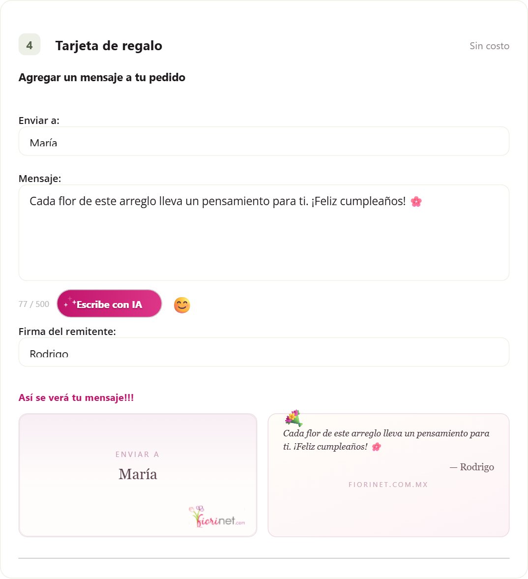 Tarjeta de regalo con mensaje generado por IA y vista previa