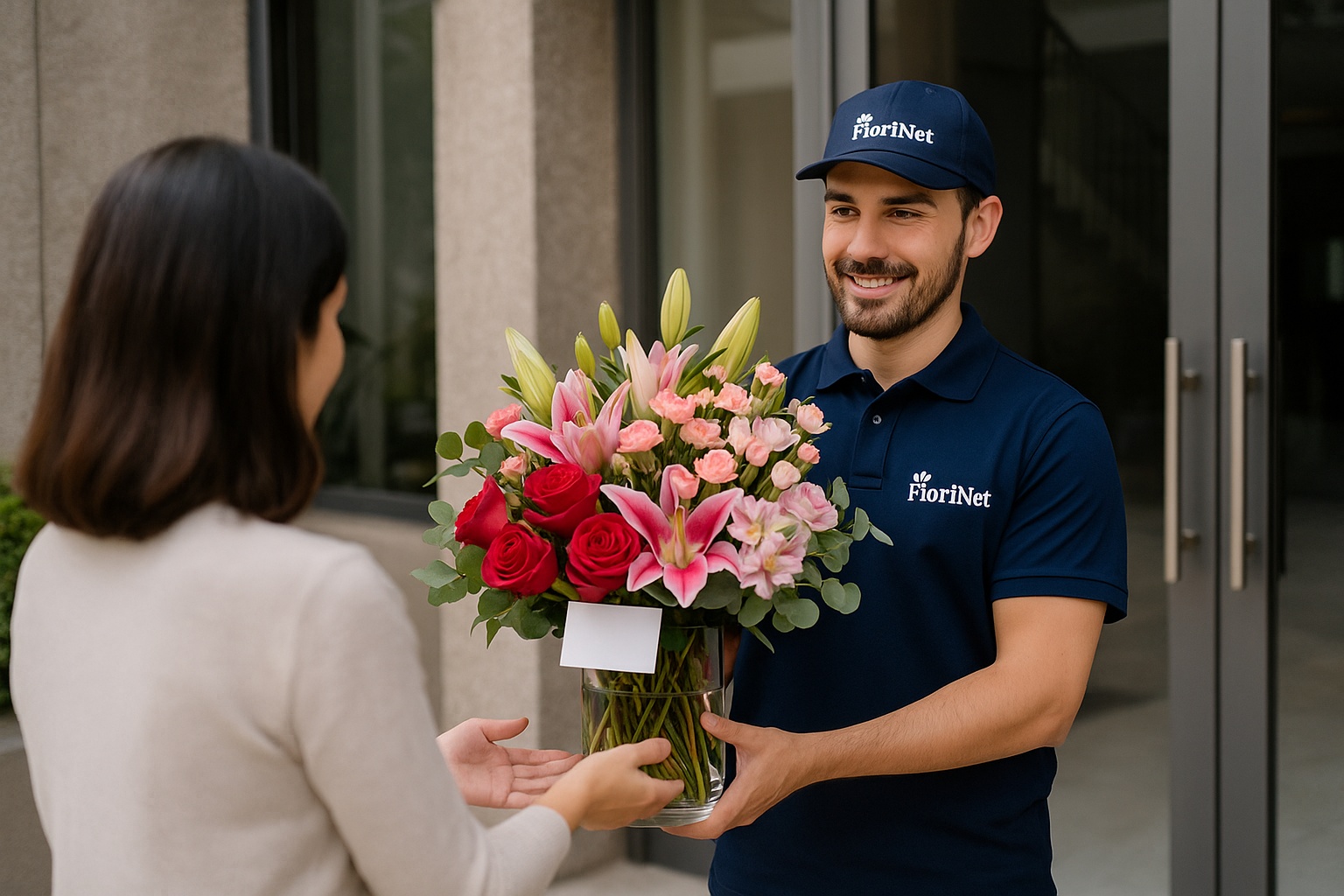 Repartidor de FioriNet realizando entrega de un arreglo floral en CDMX
